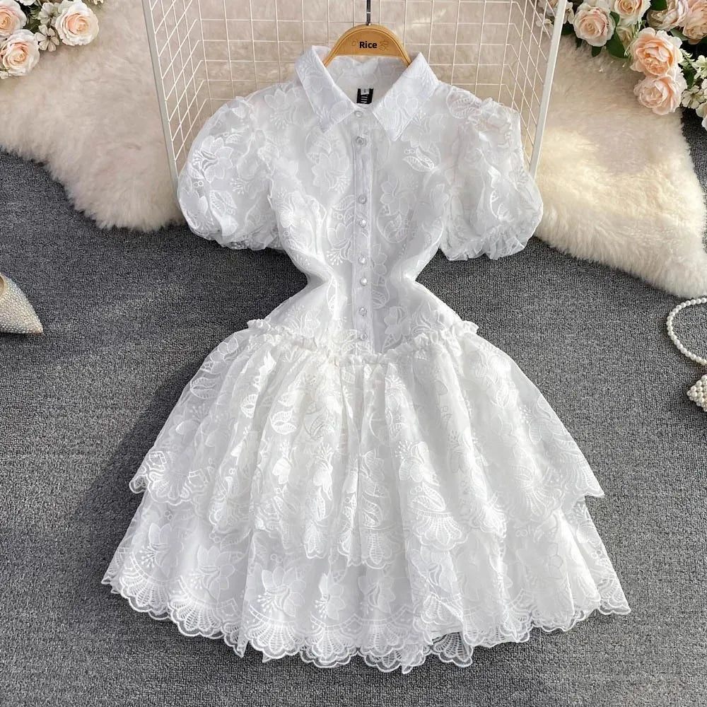 Vintage Elegant Lapel Single-Breasted White Embroidery Puff Sleeve A- Line Cake Dress Cross-Border Summer 2022