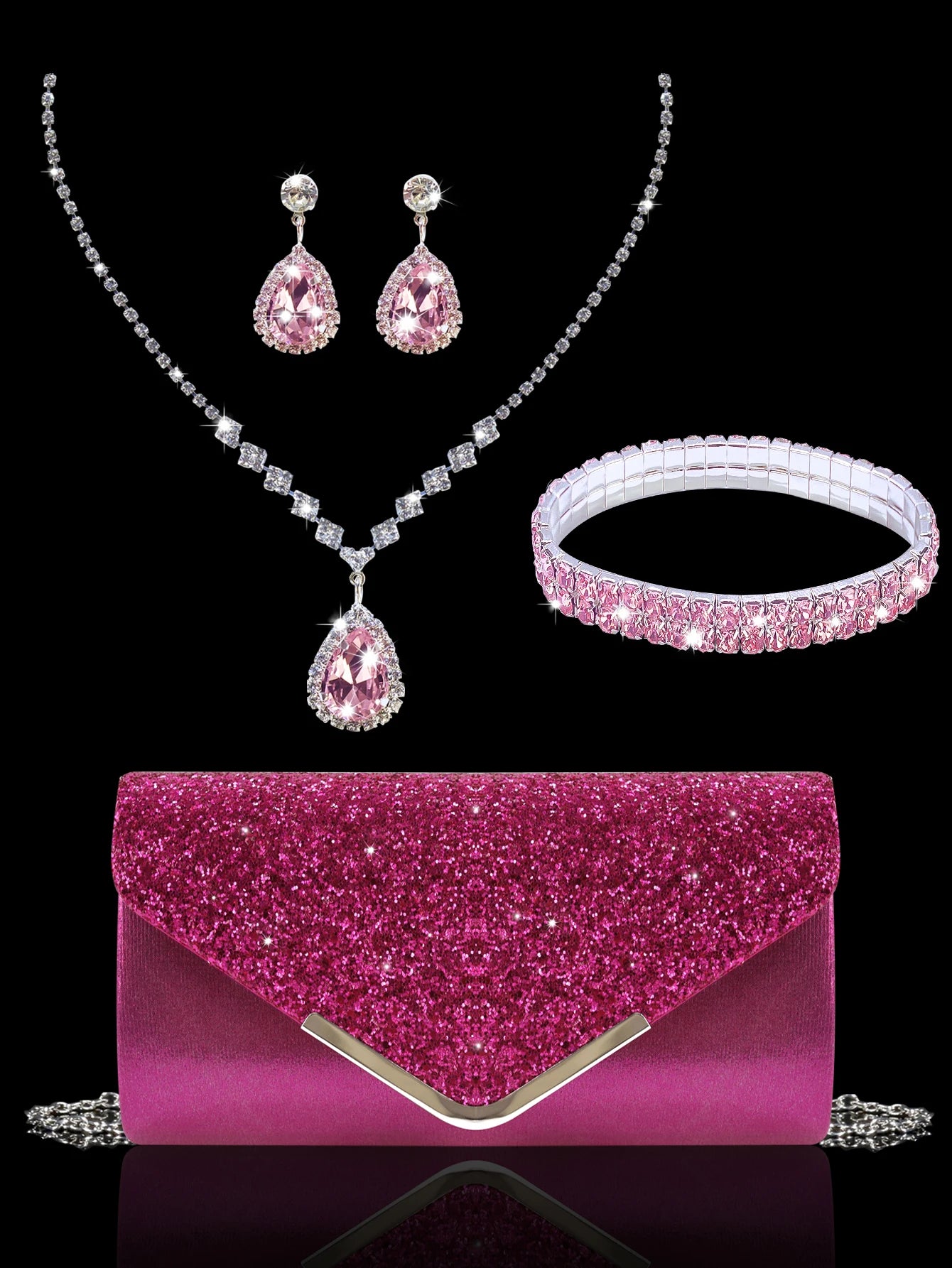 Sparkling and luxurious sequined evening clutch for women, paired with a gorgeous rhinestone necklace, earrings and bracelet set