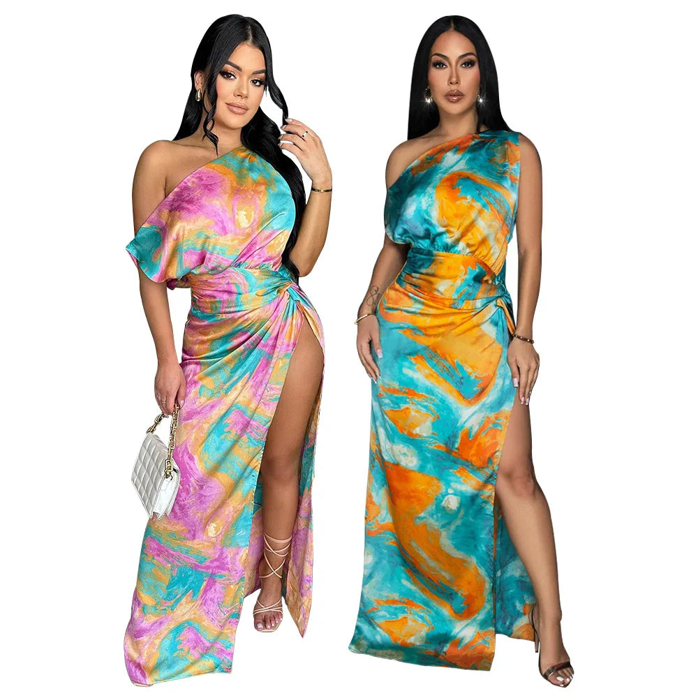 CM.YAYA Women Skew Collar Tie-dye Print Long Dress Summer Streetwear Beach Evening Sexy Night Party Split Maxi Dresses Vestidos