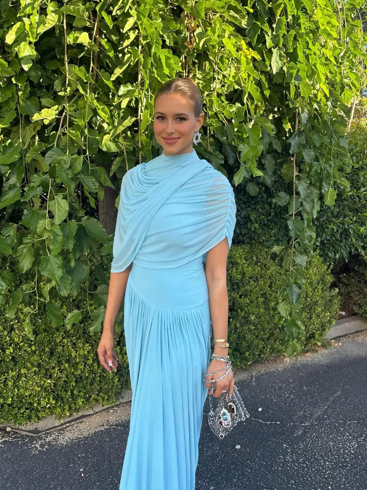 Blue Pleated Shawl Maxi Dress Women Elegant Short Sleeve Slim Fit Evening Party Robe 2025 Autumn Summer Chic Solid New Vestidos