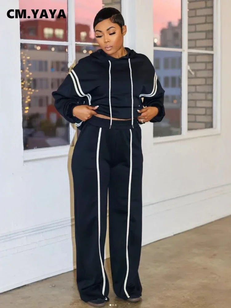 CM.YAYA Fashion Striped Splicing Women's Set Long Sleeve Hooded Sweatshirt and Sweat Pants Tracksuit 2024 Two 2 Piece Set Outfit