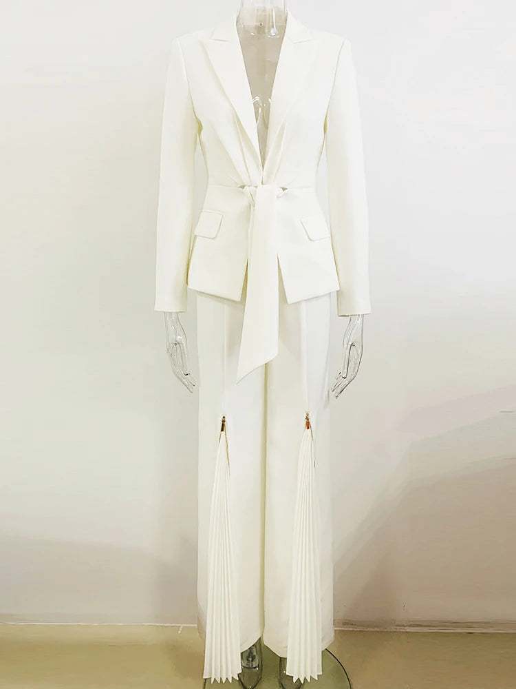 HIGH STREET Newest 2025 Designer Runway Suit Set Women's Lacing Belt Blazer Pleated Zip Pants Set 2pcs Set