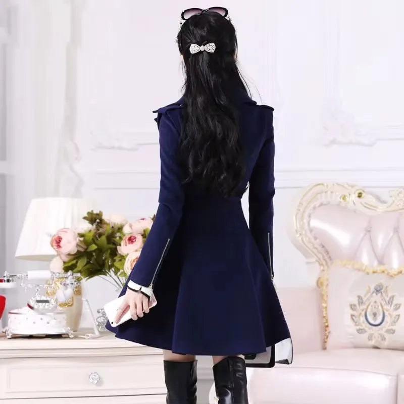 2025 Autumn Winter Clothing Deep Blue Zippered Long Sleeved Woolen Coat Jacket Women, Medium Length Slim Fit Thickened