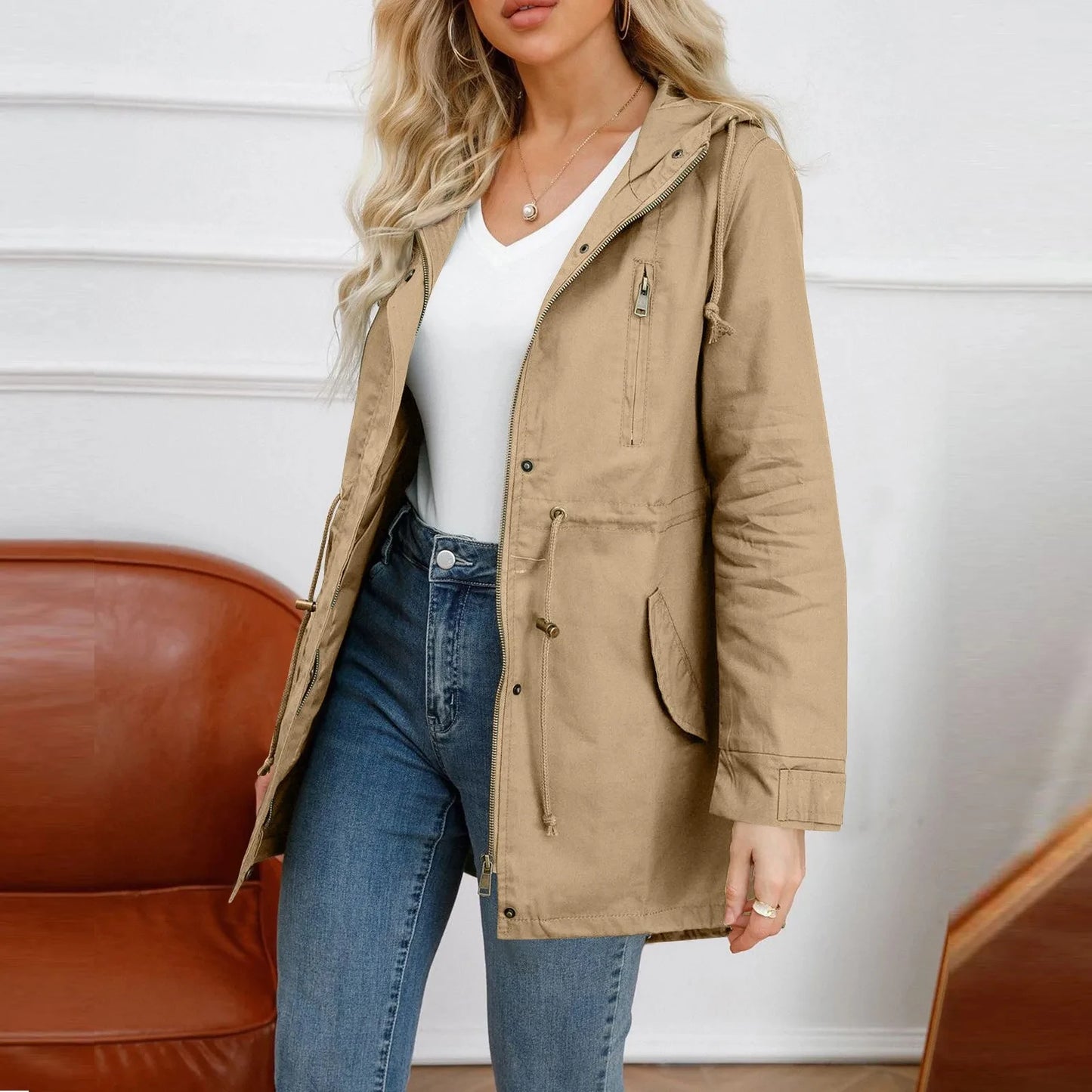 Women's Hooded Trench Coat Spring Autumn Fitted Solid Color Jacket for Daily Outdoor Camping Hiking