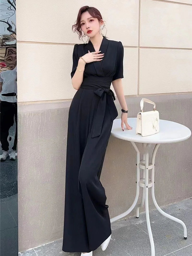 Jumpsuits Summer New High end Jumpsuit Women's Elegant Solid Color High Waist Slim Lace up Wide Leg Dropping Bodysuit Women Sets