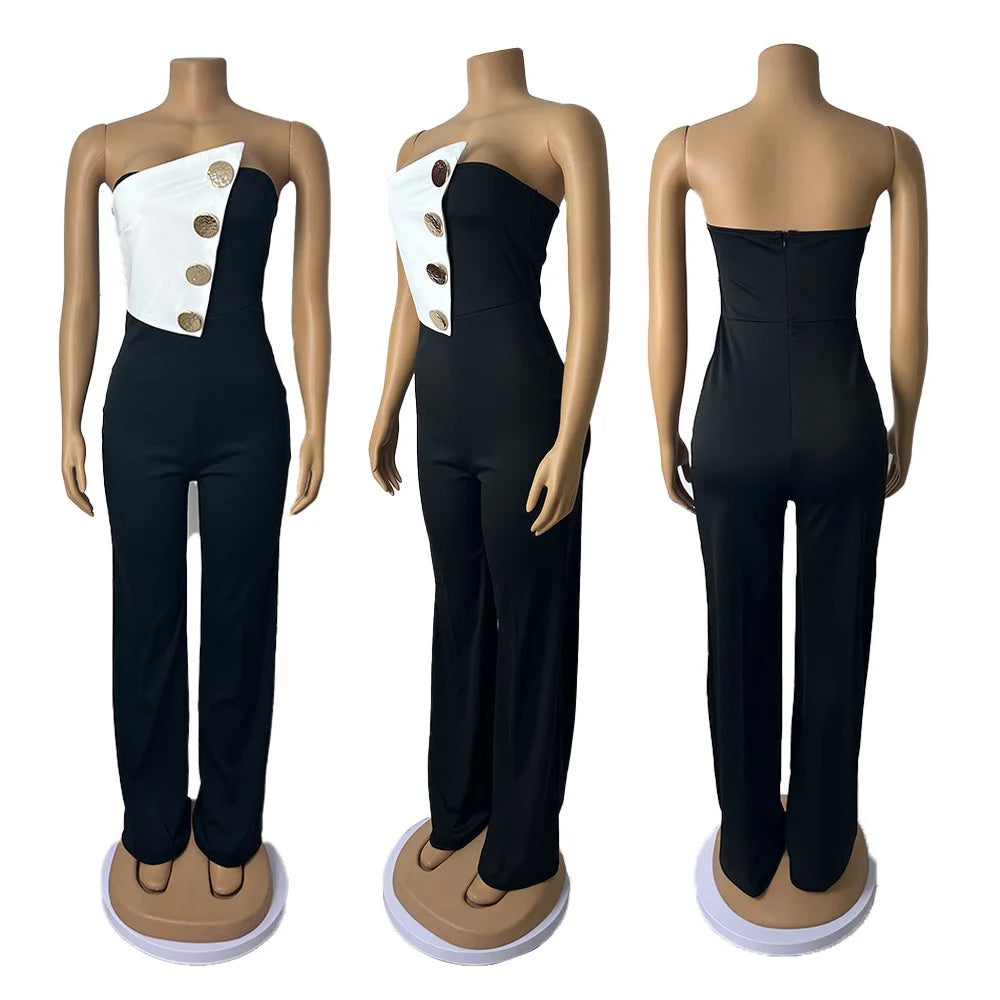 CM.YAYA Elegant Button Strapless Sleeveless Irregular Girl Jumpsuits 2025 Spring Women's Overalls Outfits Night Club One Piece