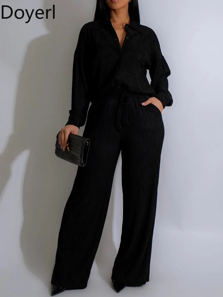 Doyerl Solid Casual Loungewear Sets Woman Two Piece Outfit Loose Fit Long Sleeve Shirt Top and Wide Leg Pants Matching Sets