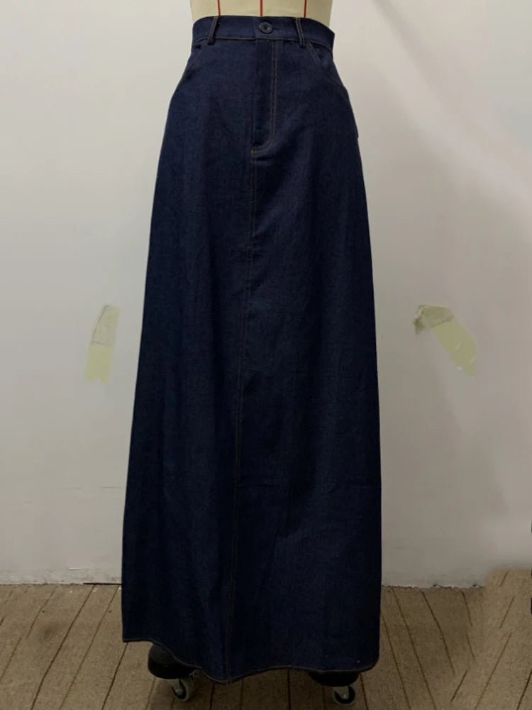 2025 New Fashion Imitation Denim H-Line High Waist Skirts Spring Summer Loose Solid Color Pockets Maxi Skirt For Women