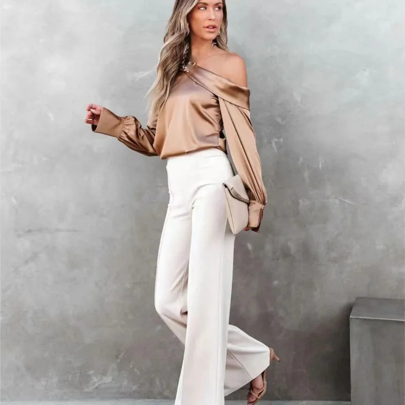 Women Fashion Sexy Slash Neck Satin Blouse Solid Color Long Sleeve Off Shoulder Office Shirt Lady Casual Loose Blouse Tops