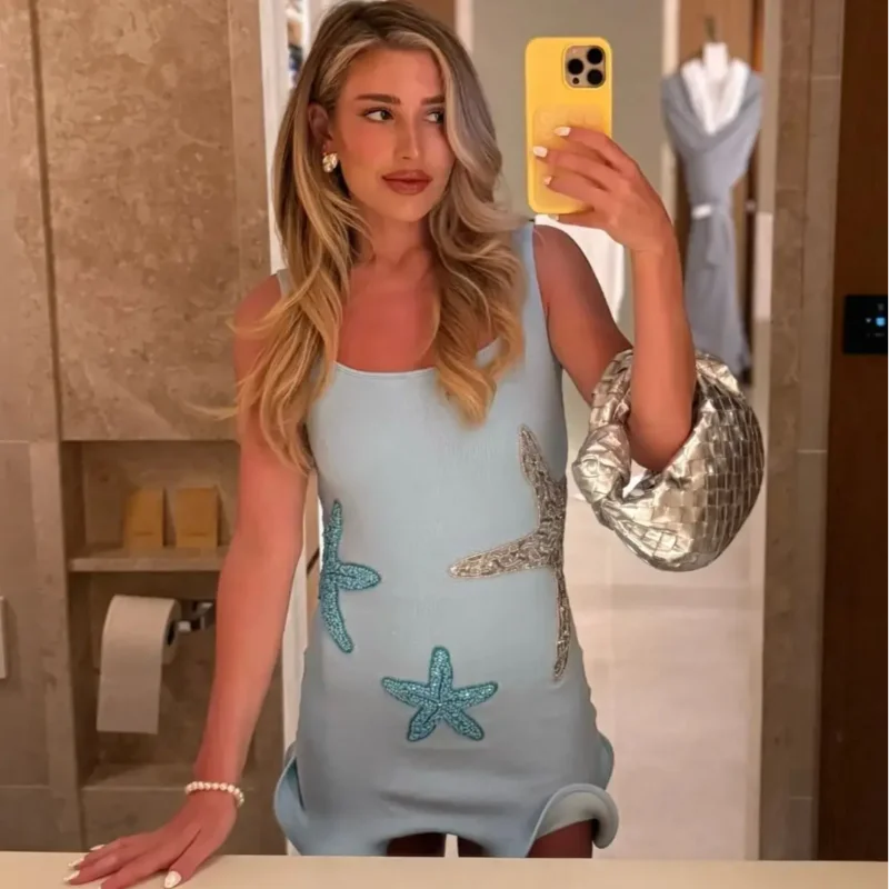 Sea Star Embroidered Knitted Women's Mini Dress Casual O Neck Sleeveless Holiday Dress 2025 Summer Vacation Sexy Slim Robe Dress