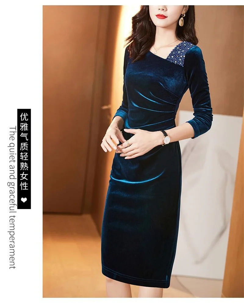 Golden Velvet Dress For Women Spring And Autumn New Fashionable Long Sleeve Dress Velvet Thickened Hip Wrap Dress Nail Bead