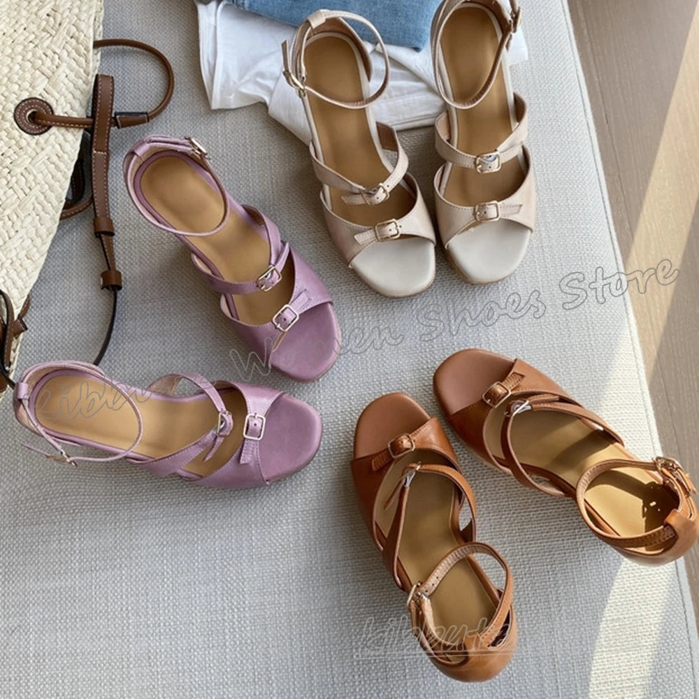 Wedges Sandals Round Toe Belt Buckle Leather Mixed Color Novelty Fashion Elegant Concise Sexy Women Summer Beach Party Shoes New