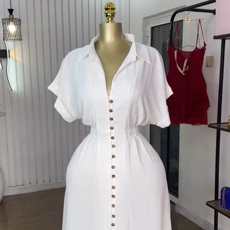 CM.YAYA Women Batwing Short Sleeve Single Breasted Long Maxi Dress 2025 Street Birthday Evening Sexy Party Dresses Vestidos