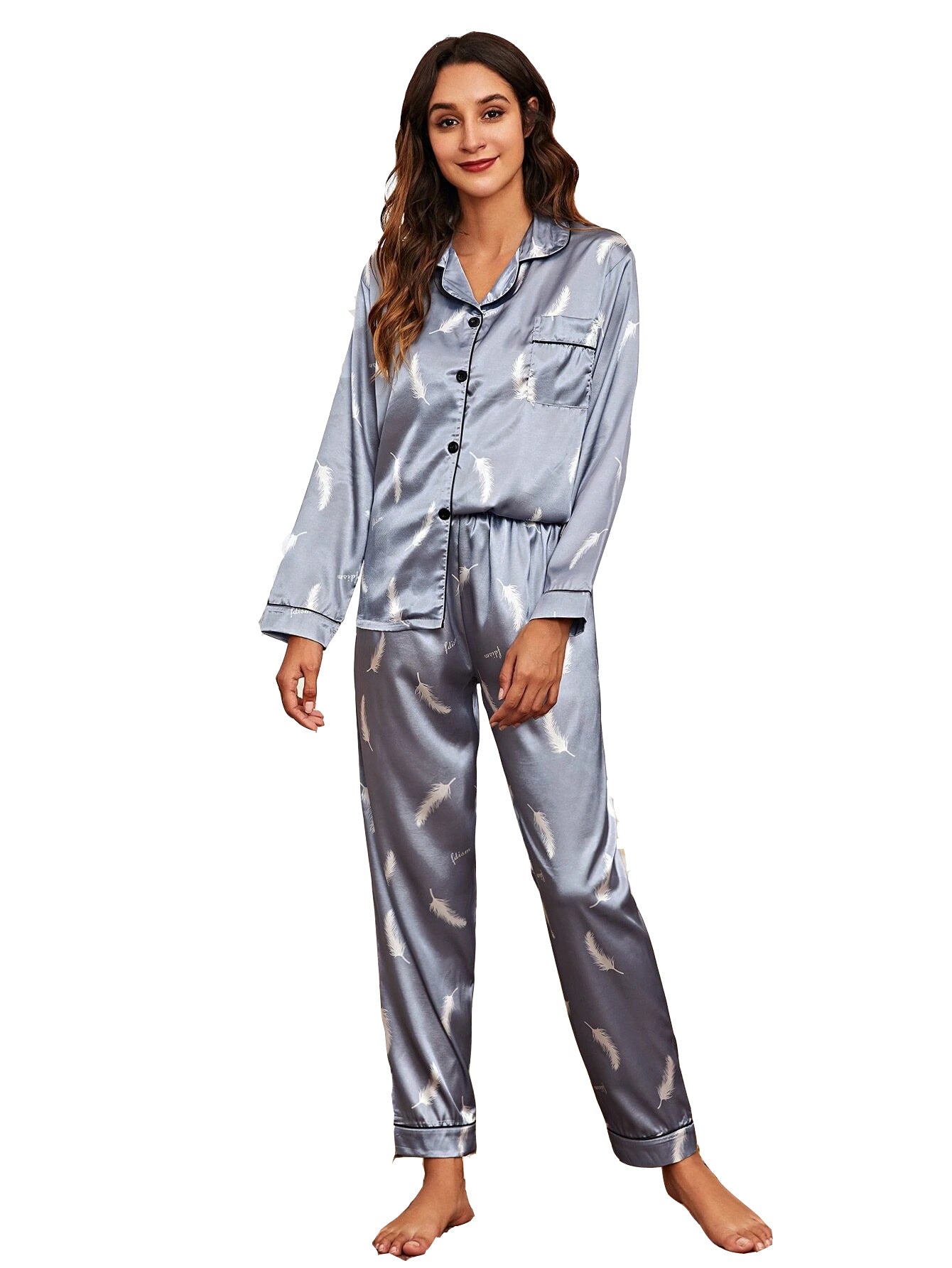 Women 2 Pieces Satin Pajamas Set Spring Autumn Long Sleeve Button Up Shirt and Casual Loose Elastic Pants Sleepwear Loungewear