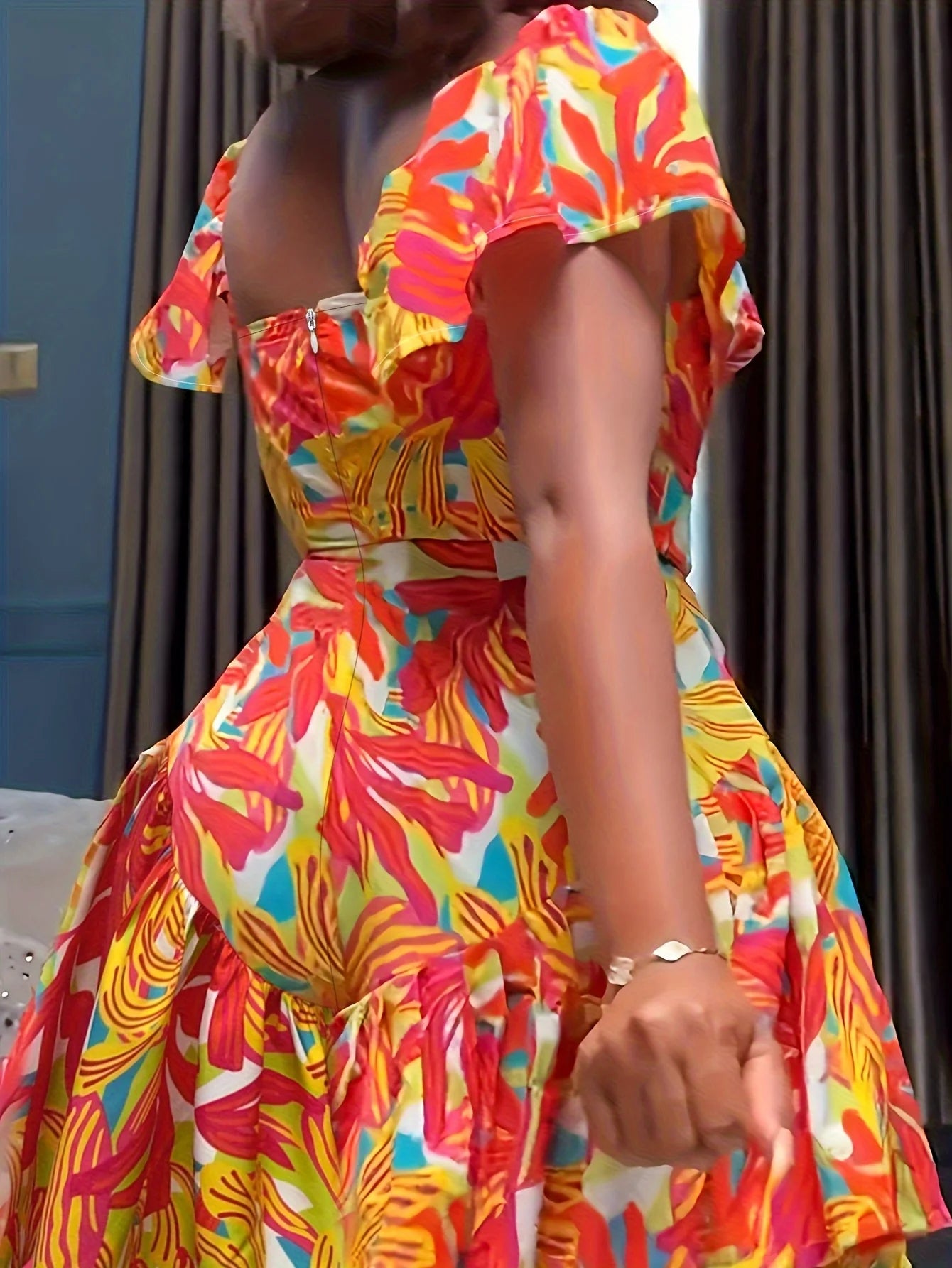 Multi Colored Leaf Print Square Collar Pleated Sleeves Jumpsuit