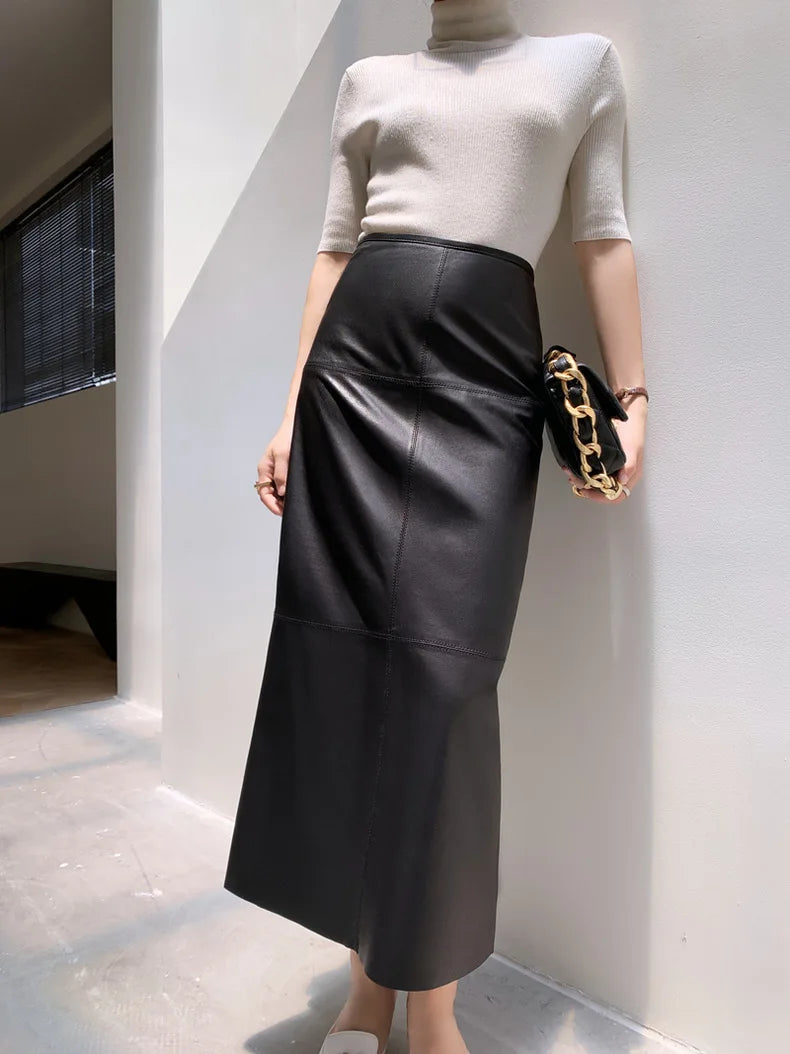 Long Skirt For Women 2025 New Fashion Vintage Black Genuine Sheepskin Leather Pencil Skirts High Waist Elegant Luxury