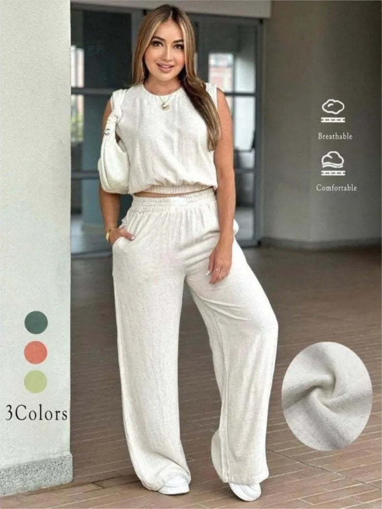 Casual Summer Sleeveless Wide-Leg Two-Piece Set for Women
