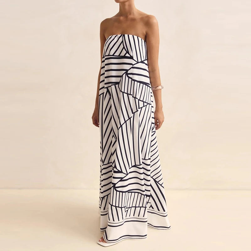 Casual Off Shoulder High Waist Loose Long Dress Backless Printed Holiday Women Dresses Summer Sexy Strapless Pleated Beach Dress