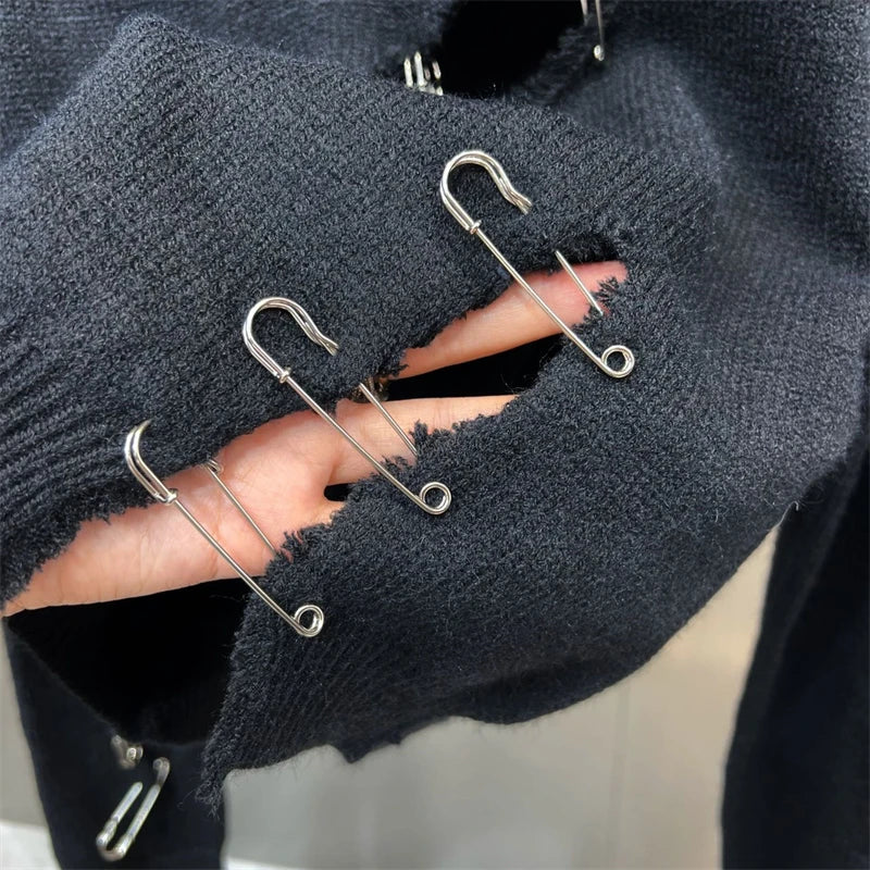 Women Black Gothic O-Neck Pullover Hollow Out Knit Sweater Harajuku Y2k Long Sleeves Sweater Vintage 90s 2000s Aesthetic Clothes