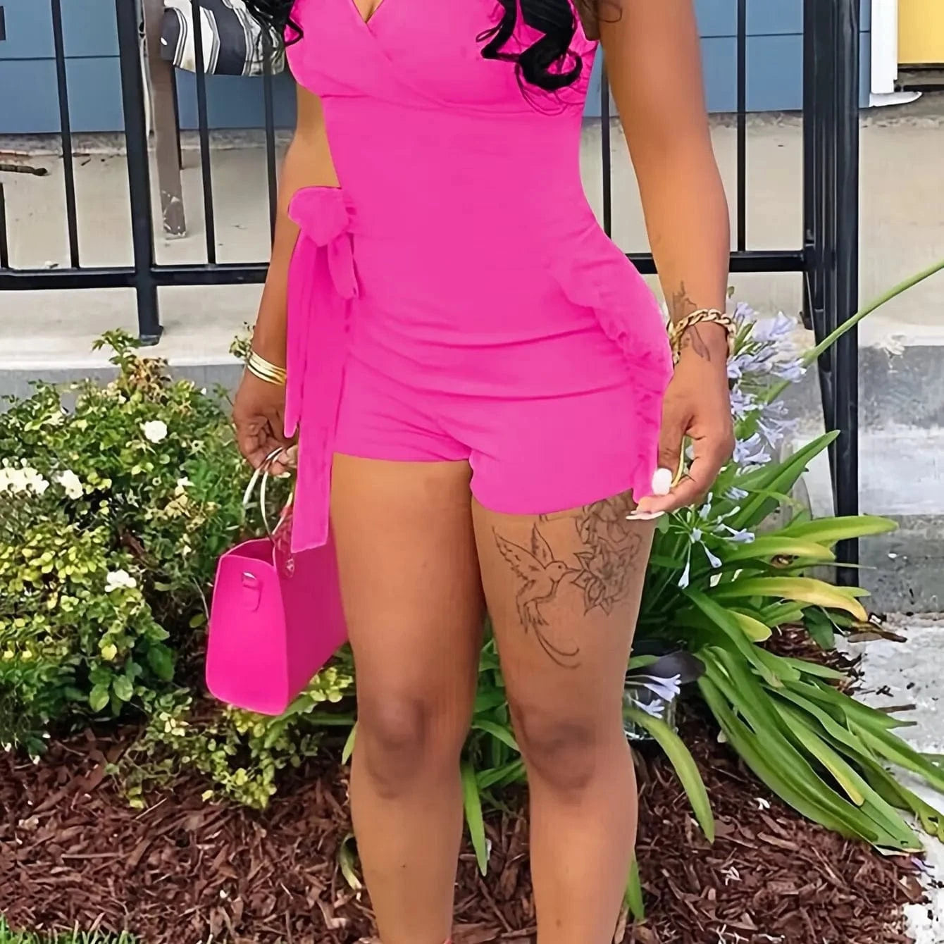 Ruffle Deep V Neck Summer Romper Sexy Bow Tie Short Jumpsuit Women Sleeveless Casual Playsuit Overalls Rompers