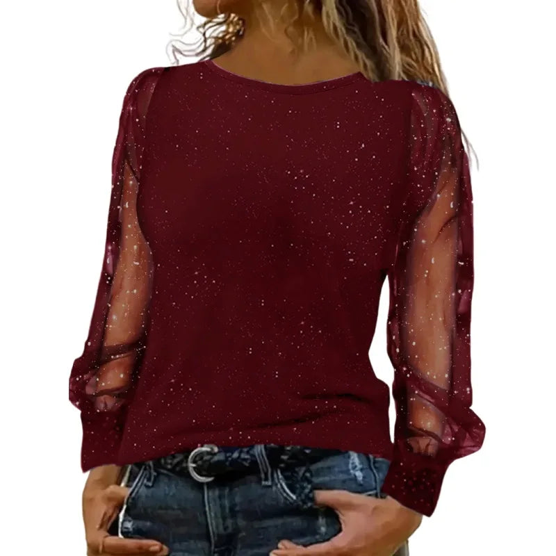 Fashion Blouse Women Glitter Puff Sleeve Sheer Mesh Print Elegant Long Sleeve Office Shirt 2025 Blouses Spring Ladies Casual Top