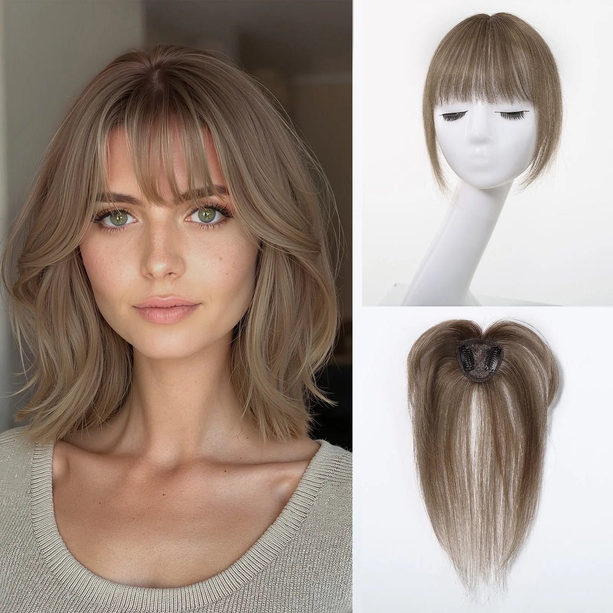 Ombre Brown to Blonde Human Hair Clip In Bangs for Women