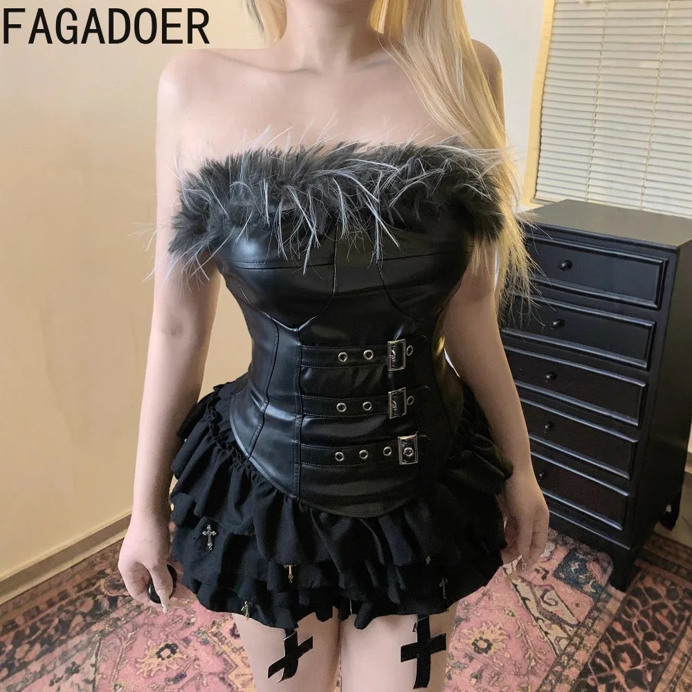 FAGADOER Punk Gothic Sexy Fur Leather Patchwork 2 Pieces Set for Woman Sleeveless Backless Tops and Bubble Puff Skirt Streetwear