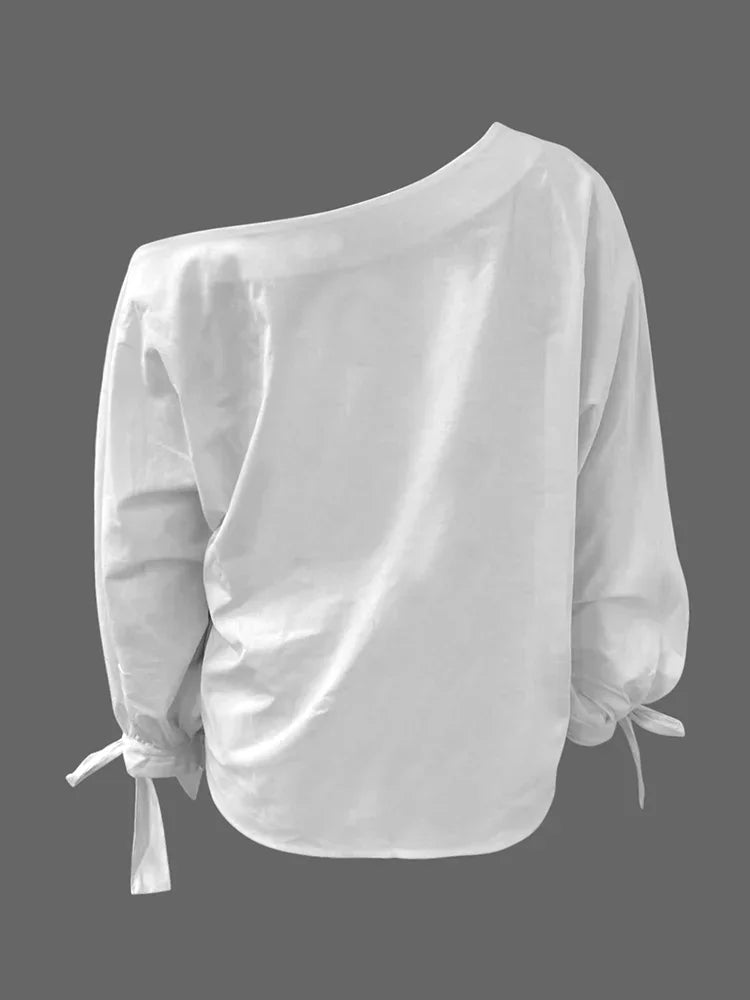 Beautyblue Elegant One-Shoulder Blouses&Shirts for Women Green Tops 2025 New Casual Loose Tied Asymmetric Fashion Female Clothes