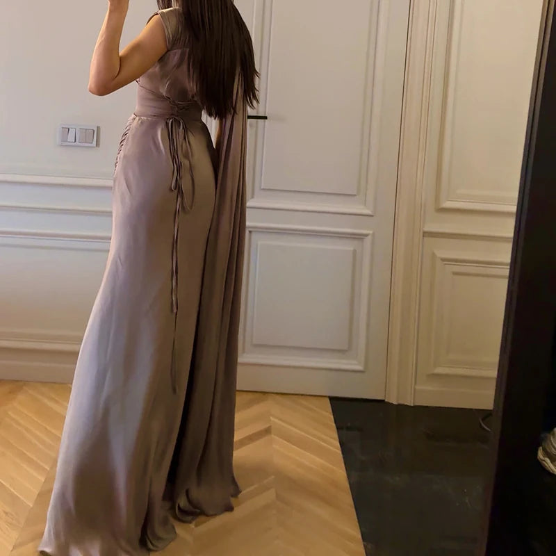 Spring Summer High Waisted Women's Banquet Dress Elegant Temperament Solid Color Slim Host Dress Casual Draped Office Long Dress