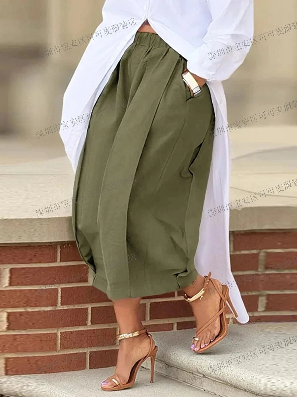 Women's Khaki Capri Trousers Pockets pleated Wide Leg Casual Vintage Loose Harajuku High Waist Leisure Calf-length Pants