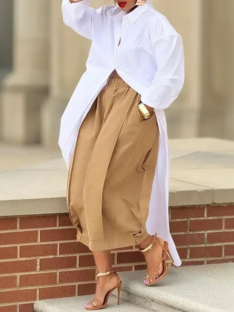 Beautyblue Women's Cropped Pants Khaki Wide-leg Pants 2025 Summer Loose Folds Pocket Elastic Waist Casual Sports Trousers Female