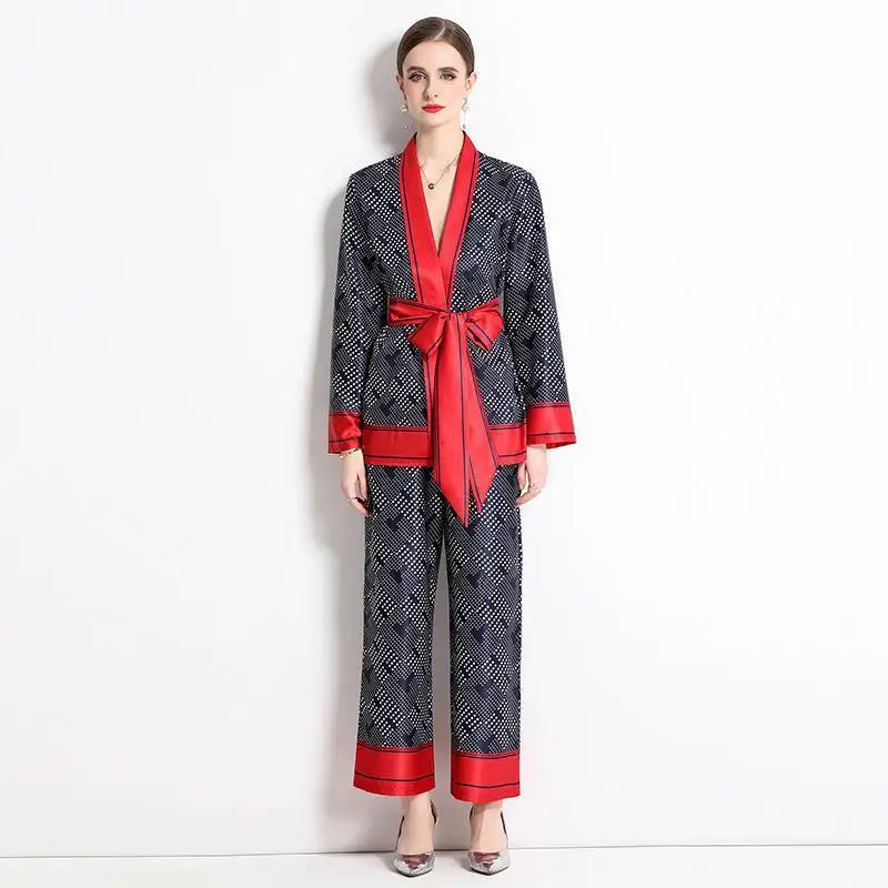 Women Contrast Dot Print V-Neck Loose Lace Up Top+Elastic Waist Wide Leg Pant Suit Autumn Fashion Kimono Cardigan Two Piece Set