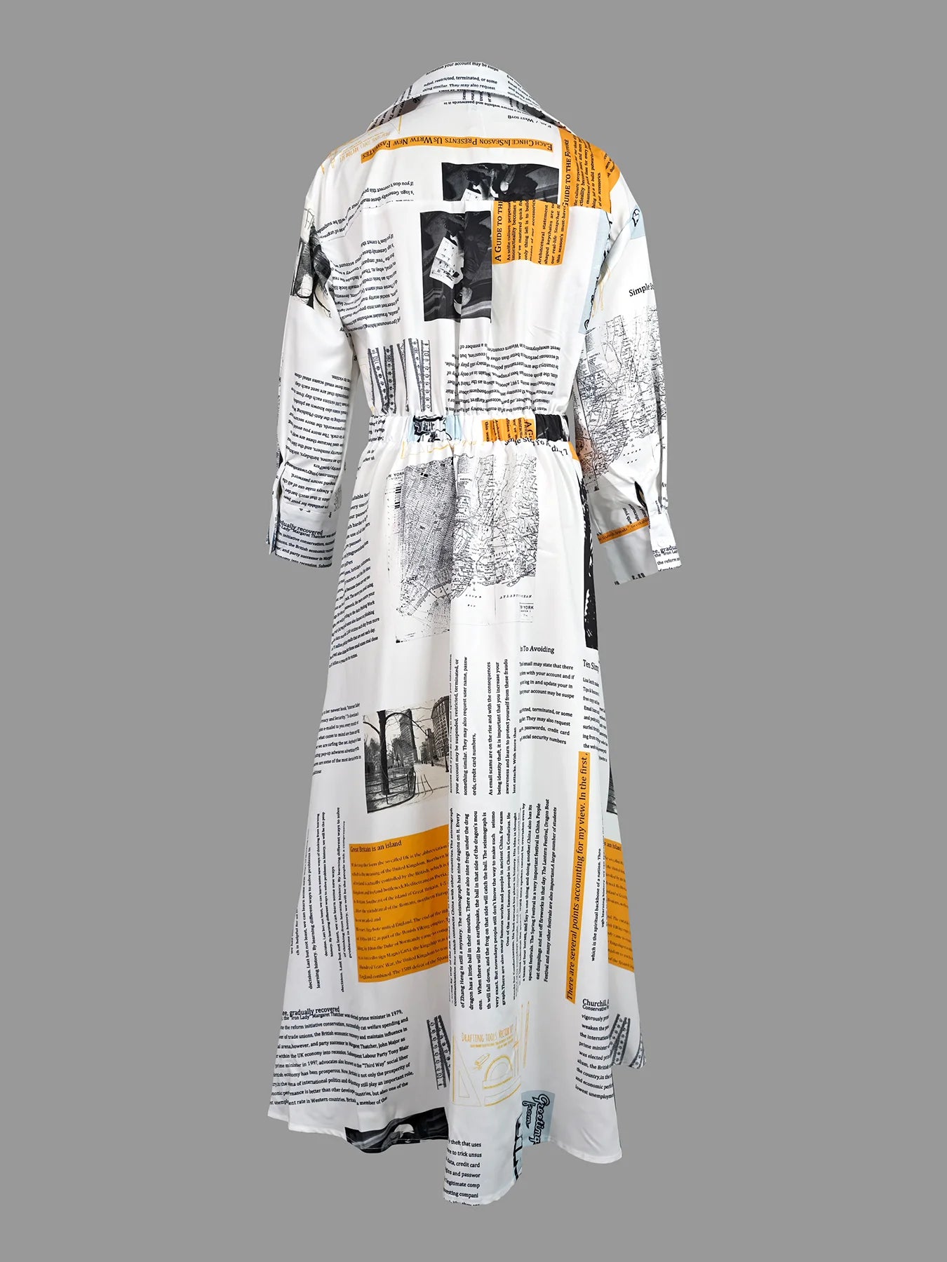 2025 New Autumn Women Midi Dress Long Sleeves Casual High Street Fashion Newspaper Print Lapel A-Line Dress For Women