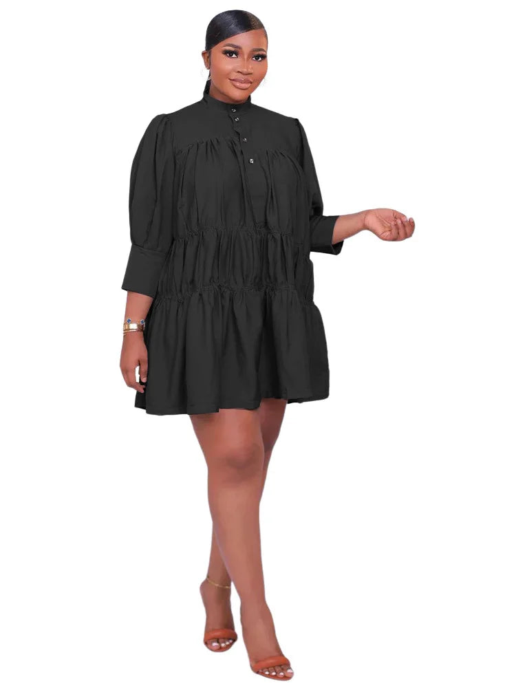 Wmstar Elegant Women Summer Solid Color Short Dress Fashion Long Sleeve High Neck High Waist Clothes Party Casual Mini Dresses