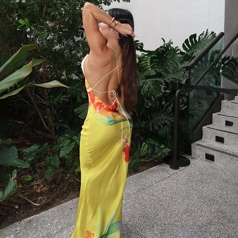 GLCMYAYA Women Floral Printed Bodycon Midi Backless Satin Maxi Long Dress 2025 Vacation Holiday Party Birthday Dresses Vestidos