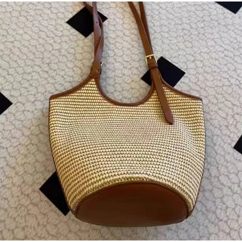 Brown Woven Fashion Women Bucket Bag New Large Capacity Beach Bag Commuting Underarm Bag Simple Elegant Texture Shoulder Bag