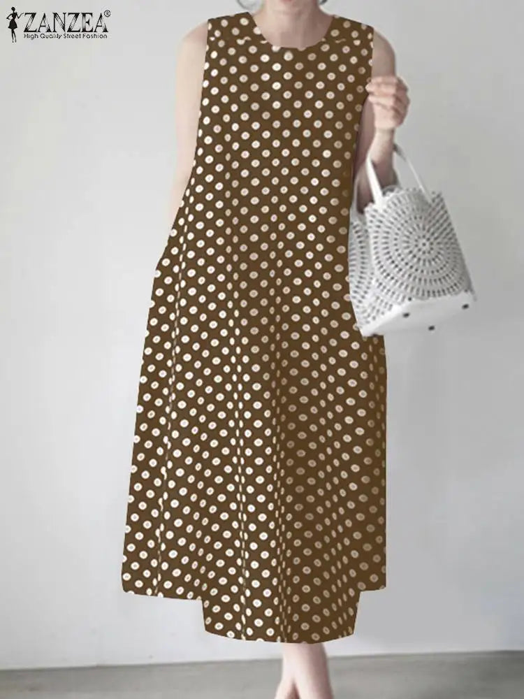 ZANZEA Bohemian Point Dot Printed Dress Women Summer Vestidos 2024 Elegant Sexy Sleeveless Casual Loose Vintage Beach Sundress