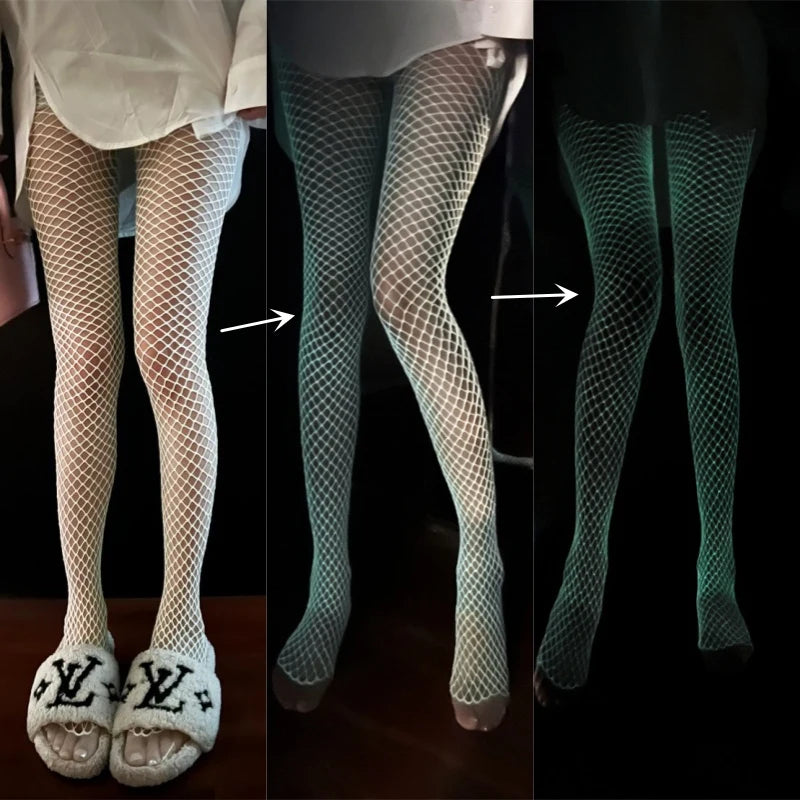 Woman Flash Luminous Fishnet Stockings Open Crotch Pantyhose Moving Mesh Leggings Tights Perspective Glow Dark Lingerie Gothic