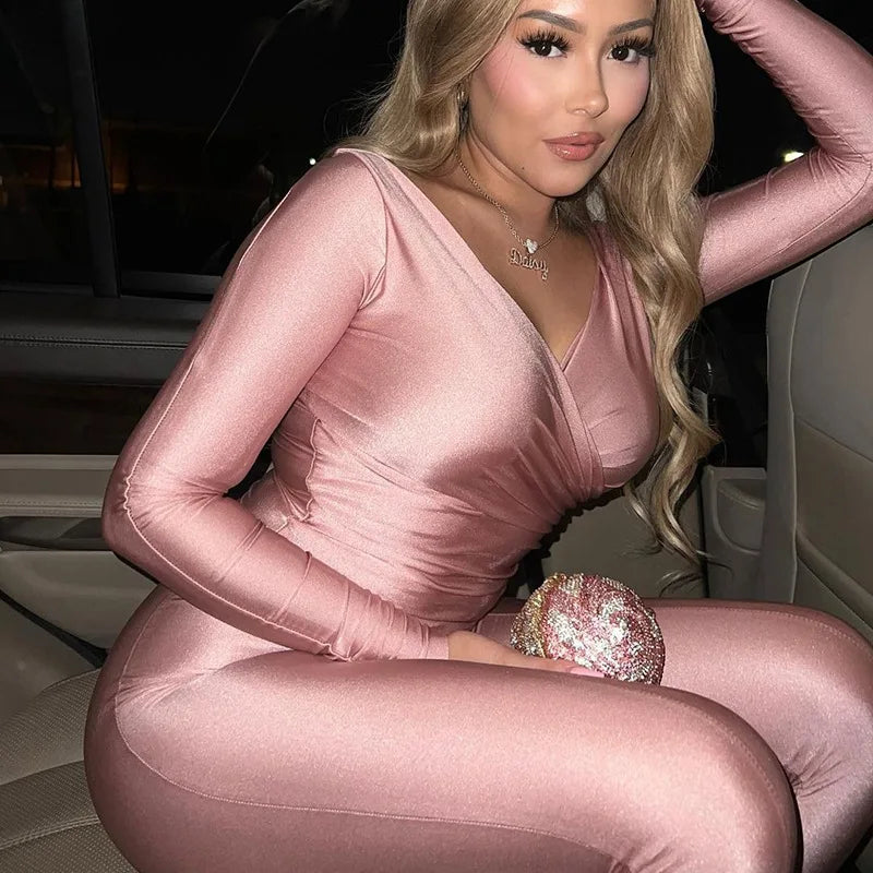 2025 Spring/Summer Women's Sexy Off Shoulder Big V-neck European and American Style High Waist Tight Pants Casual Sports Set