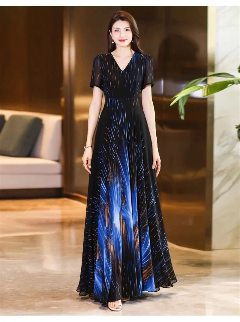 Pendant Sense Dress for Women Summer 2024 New Fashion High end, Elegant Slim and Waist Up V-neck Chiffon Dress Long Dress 4XL
