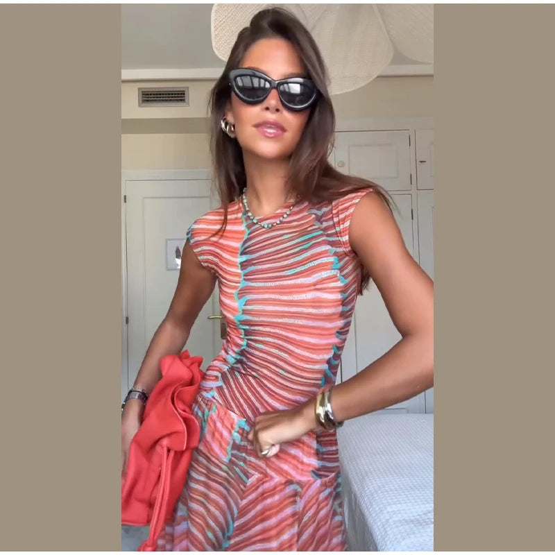 Chic Printed Contrast Women's Skirt Suit Sexy O-neck See Through Sleeveless Bodysuit High Waist Skirts Female 2025 Summer Outfit