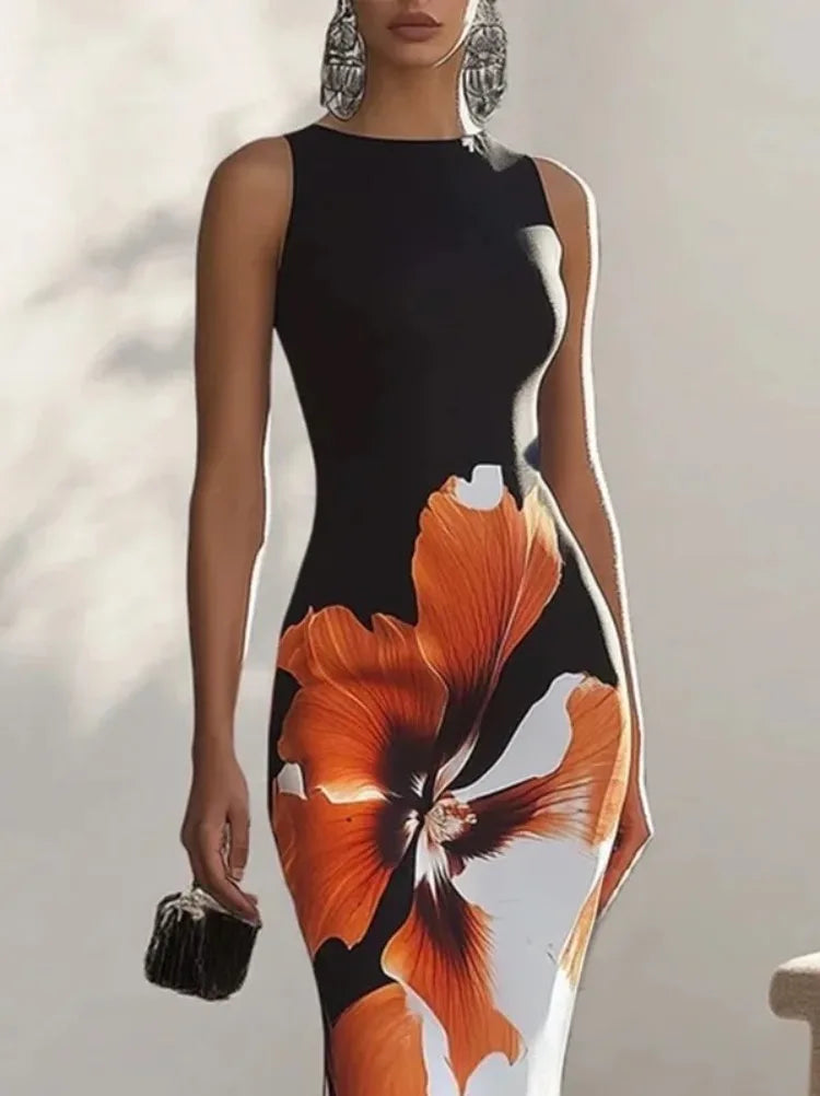 Gymystars Skinny Sleeveless Flower Print Dress Women's Evening Dresses Elegant Sexy Outfit Black White Flowers Party Dress Robe