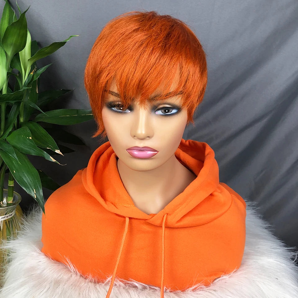 613 Honey Blonde Straight Short Pixie Bob Cut Wig With Bangs Indian Human Hair Full Machine Wig For Black Women