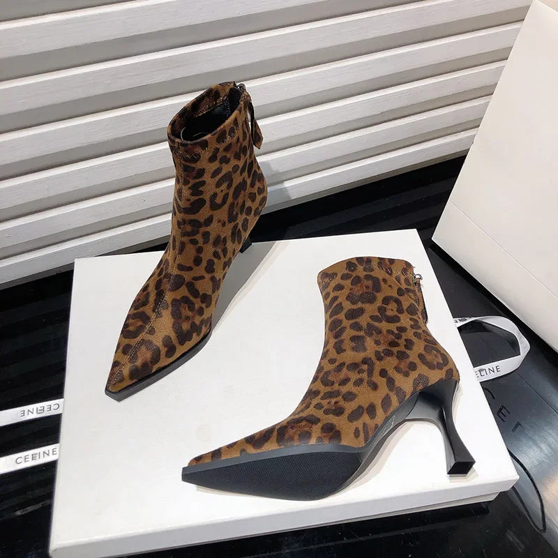Leopard Print Zipper Ankle Boots