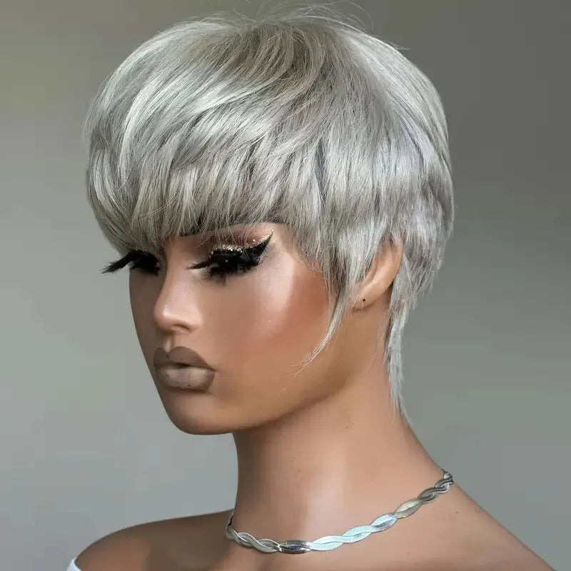 Grey Short Pixie Cut Wig Human Hair Short Layered Pixie Wig For Women 6 Inch Straight Grey Full Machine Made Human hair Wig