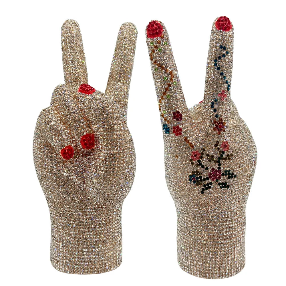 XIYUAN Victory Hand Crystals Evening Bags Women Rhinestones Purses Metallic Clutch Purse Lady Fashion Handbags Wedding Party Bag