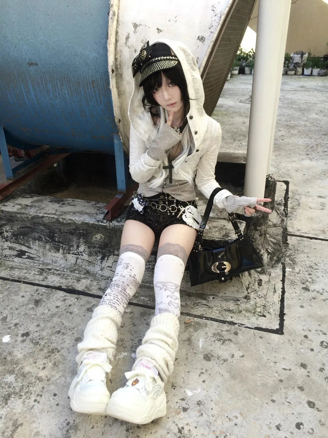 Karrram Japanese Y2k Fake Two-piece Knitted Tops Trashy 2000s Hooded Jacket Vintage Harajuku Knitwear Grunge Aesthetics American