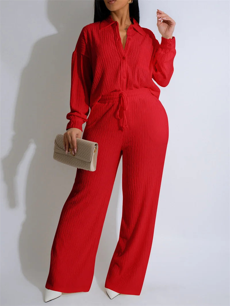 Doyerl Solid Casual Loungewear Sets Woman Two Piece Outfit Loose Fit Long Sleeve Shirt Top and Wide Leg Pants Matching Sets