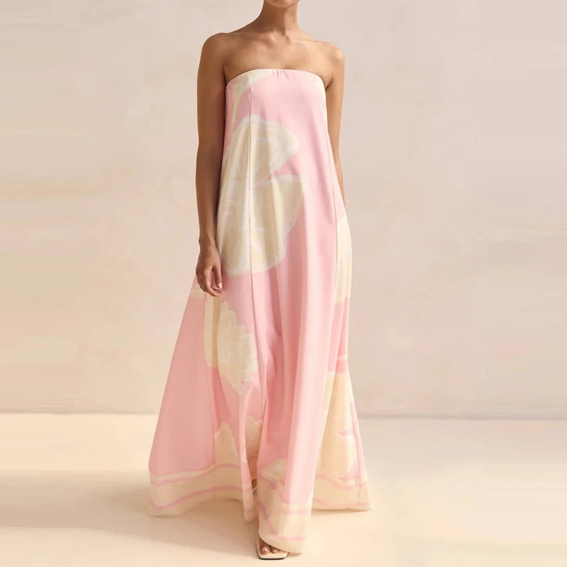 Casual Off Shoulder High Waist Loose Long Dress Backless Printed Holiday Women Dresses Summer Sexy Strapless Pleated Beach Dress