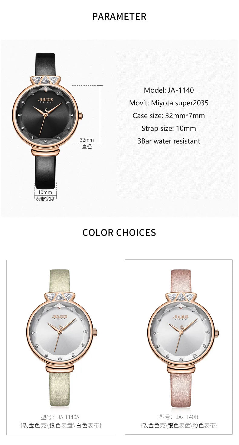 Aquarius CZ Julius Lady Women's Watch Japan Quartz Fashion Rhinestones Hours Bracelet Real Leather Girl's Gift Box